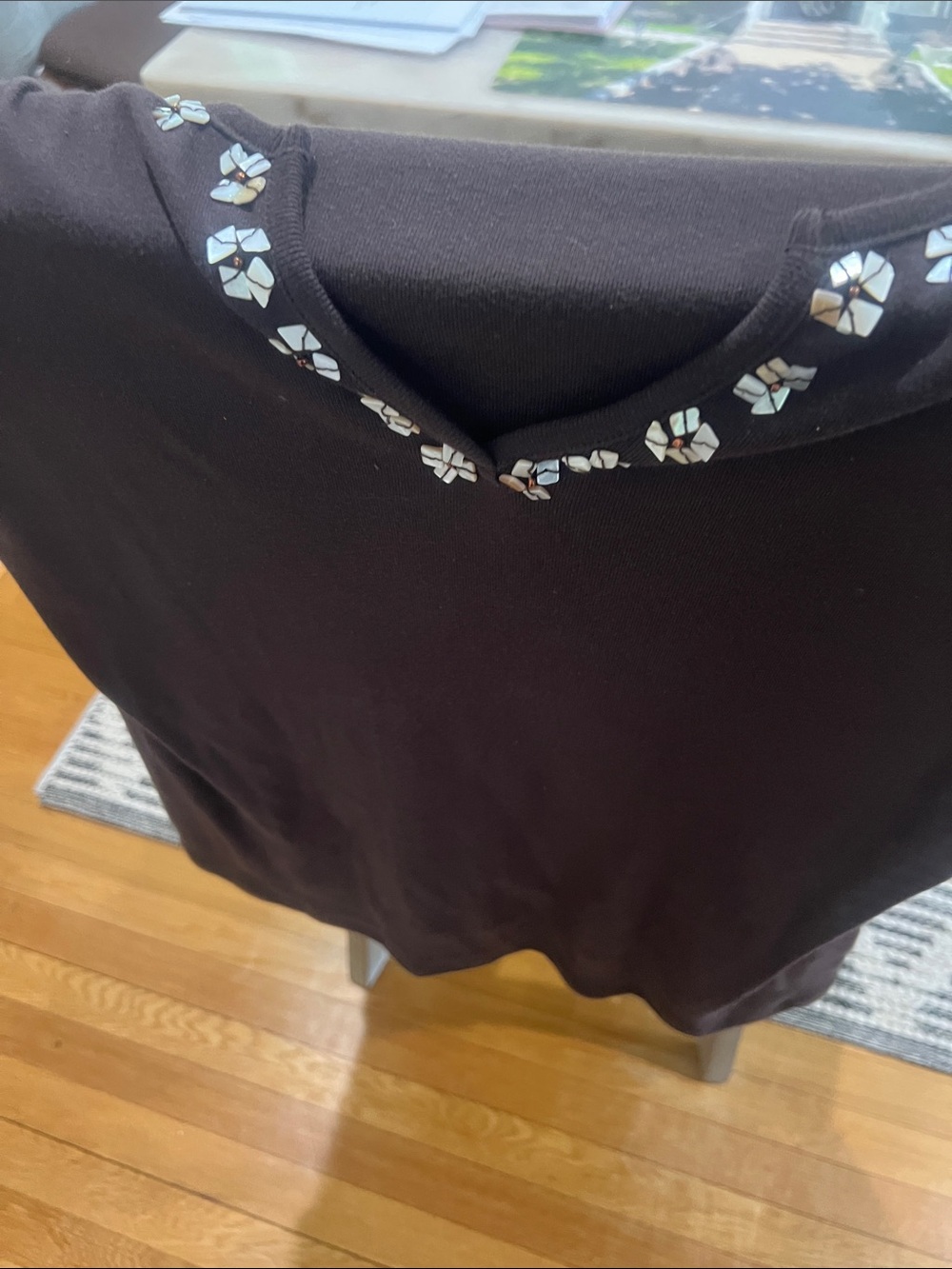 liz & co. Black Short Sleeve Tee with Iridescent Floral Trim